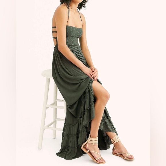 Army Green Summer Maxi Dress Tiered Full Flowy Bohemian Beach Vacation New - Picture 3 of 14